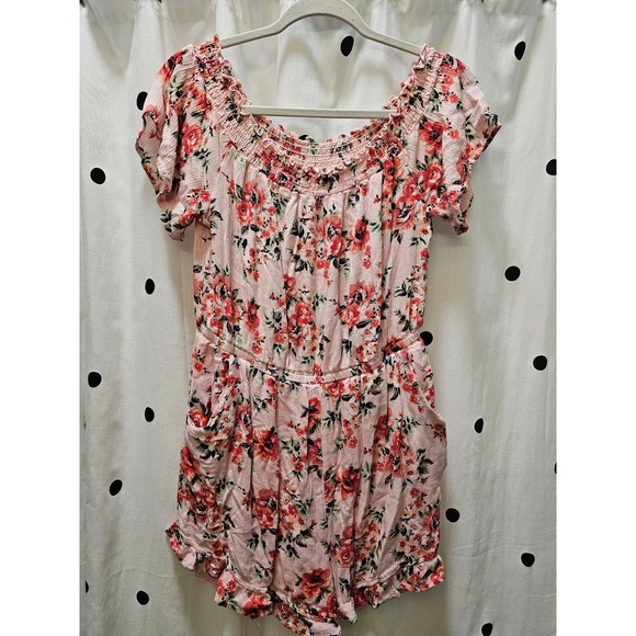 BONGO Pants - Y2K Bongo pink floral smocked ruffle romper XL gauze short sleeve off shoulder